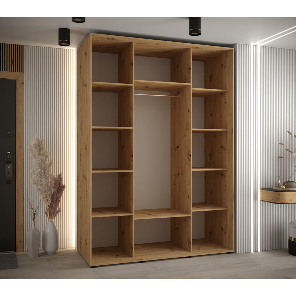 Thumbnail - Abiks Möbel Schwebetürenschrank, Eiche Artisan, Schwarz, Silber, Metall, Nachbildung, 10 Fächer, 170x235x60 cm, Schlafzi...