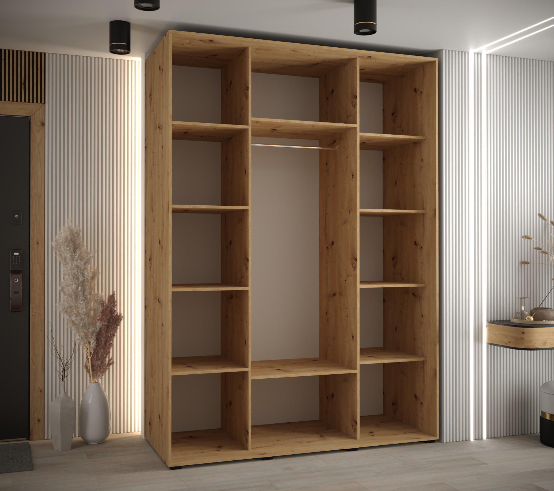 Thumbnail - Abiks Möbel Schwebetürenschrank, Eiche Artisan, Schwarz, Silber, Metall, Nachbildung, 6 Fächer, 180x235x60 cm, Schlafzim...