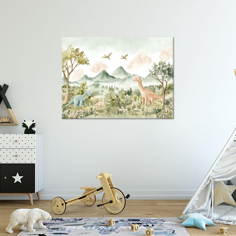 WANDBILD fröhliche dinosaurier berglandschaft - Grün, Textil (60/40cm) - Feeby