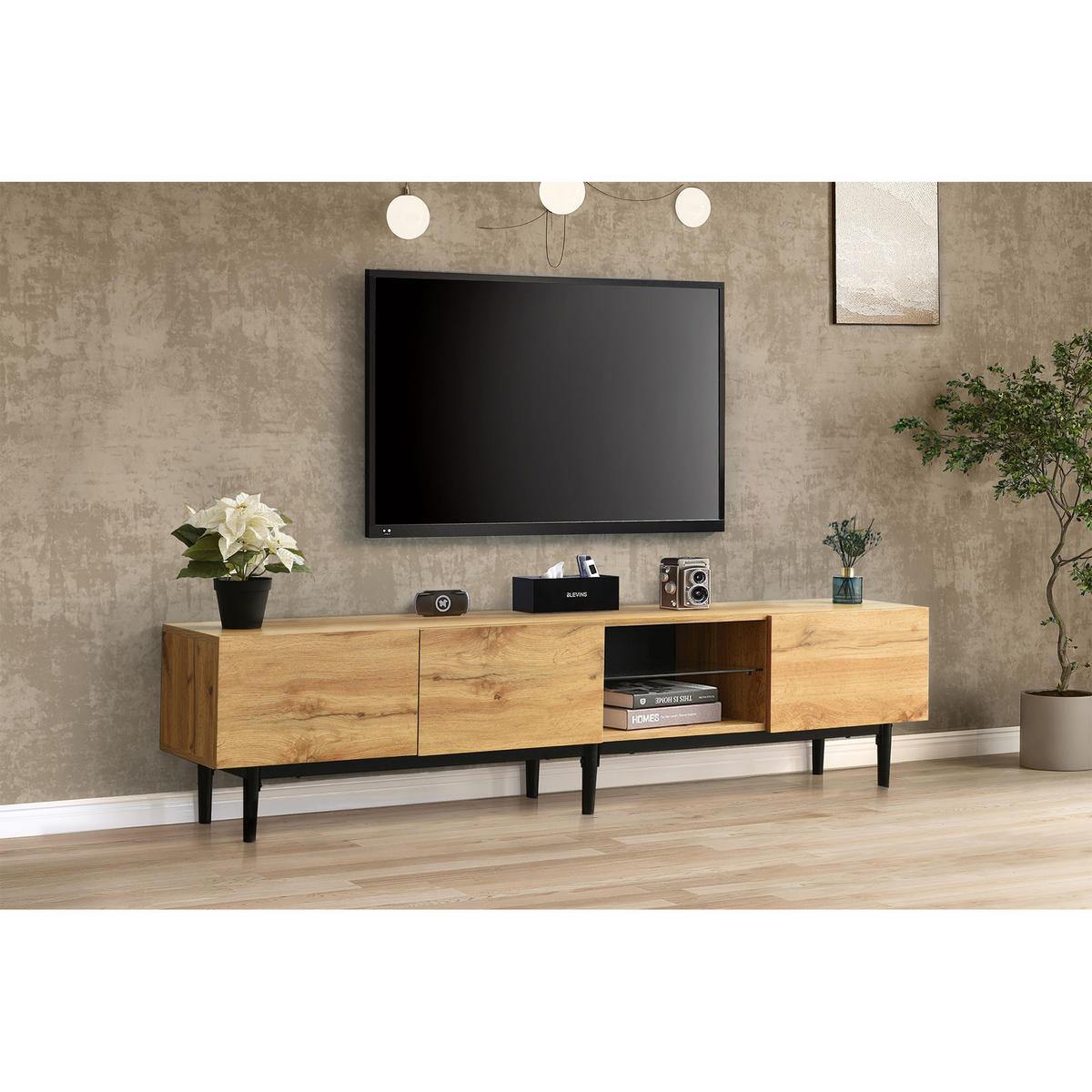 TV-SCHRANK in Light Oak und Schwarz mit LED Beleuchtung 175/31/41 cm - Eichefarben, Holzwerkstoff (175/41/31cm) - Redom