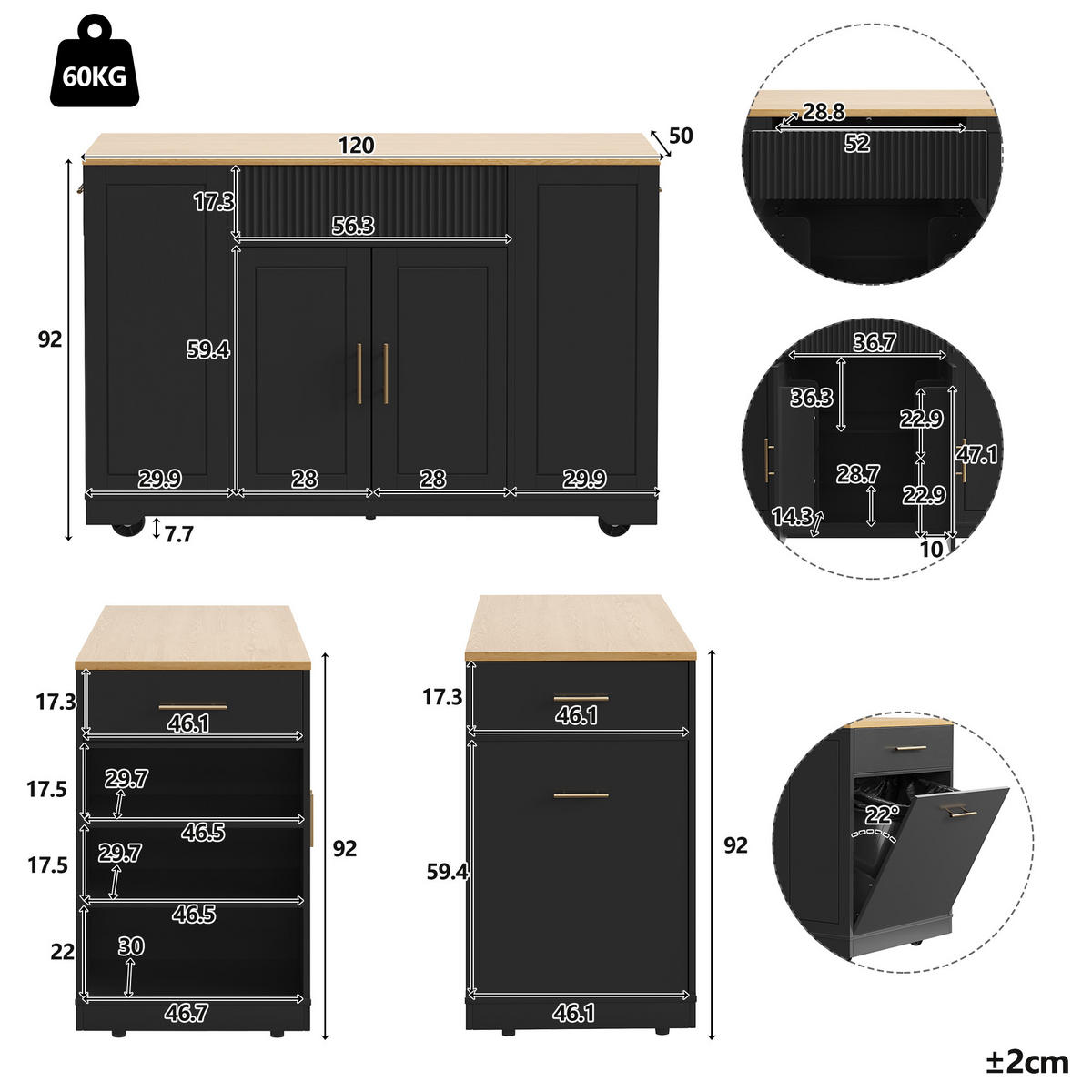 KÜCHENINSEL 120/50/92 cm schwarz aus MDF mit Rollen - Schwarz, Holzwerkstoff (120/92/50cm) - OKWISH