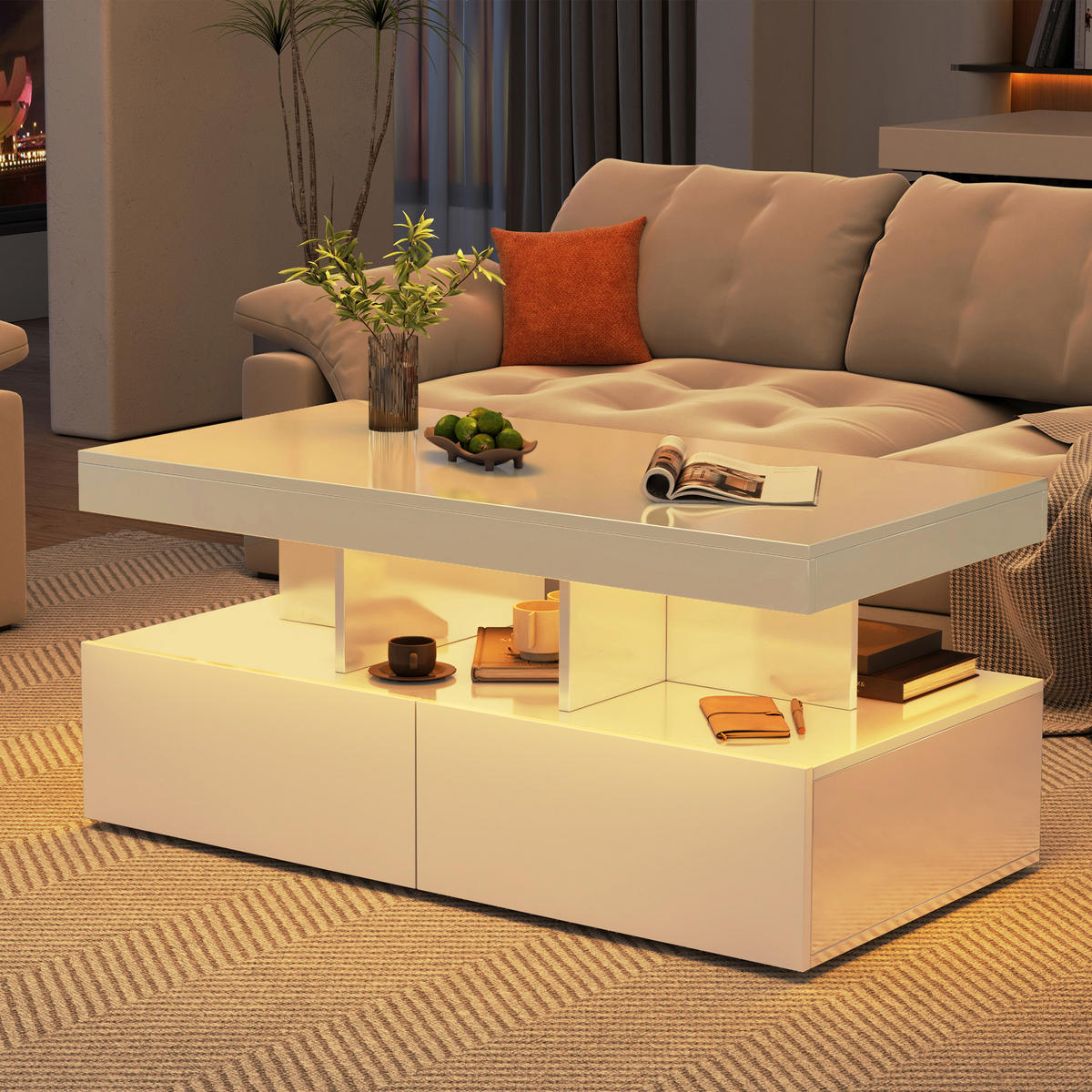 COUCHTISCH 2 Schubladen LED Stauraum modern weiß - Weiß, Holz (53/104/46cm) - LEBENLANG