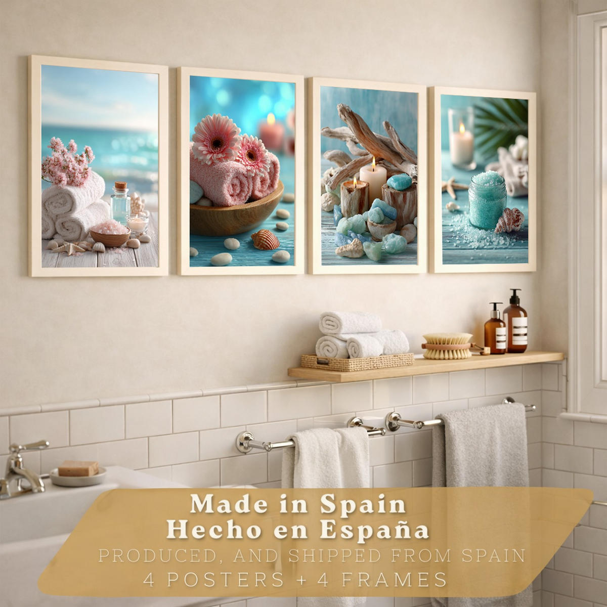 POSTER 4er-Set Badezimmer-Wandposter, Strand-Spa-Poster für Waschbecken, WC mit Muscheln, Kerzen, Handtüchern und Meersalz Leichter Holzrahmen A4 - Beige, Papier (29.7/21/3cm) - Nacnic