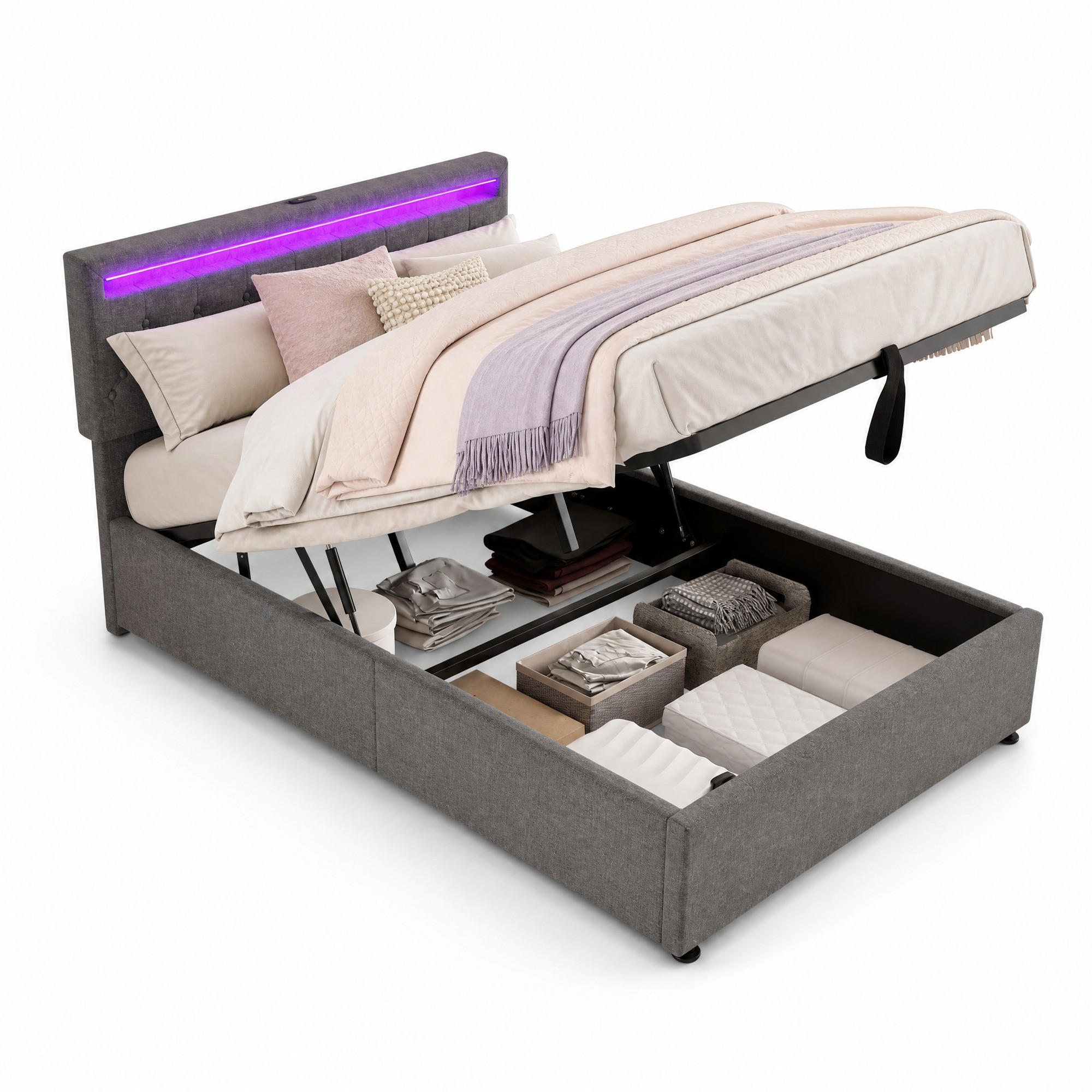 POLSTERBETT 140/200 cm in Grau Leinen mit Bettkasten, LED, USB und Type-C - Grau, Holzwerkstoff/Textil (140/200cm) - CHICFURN