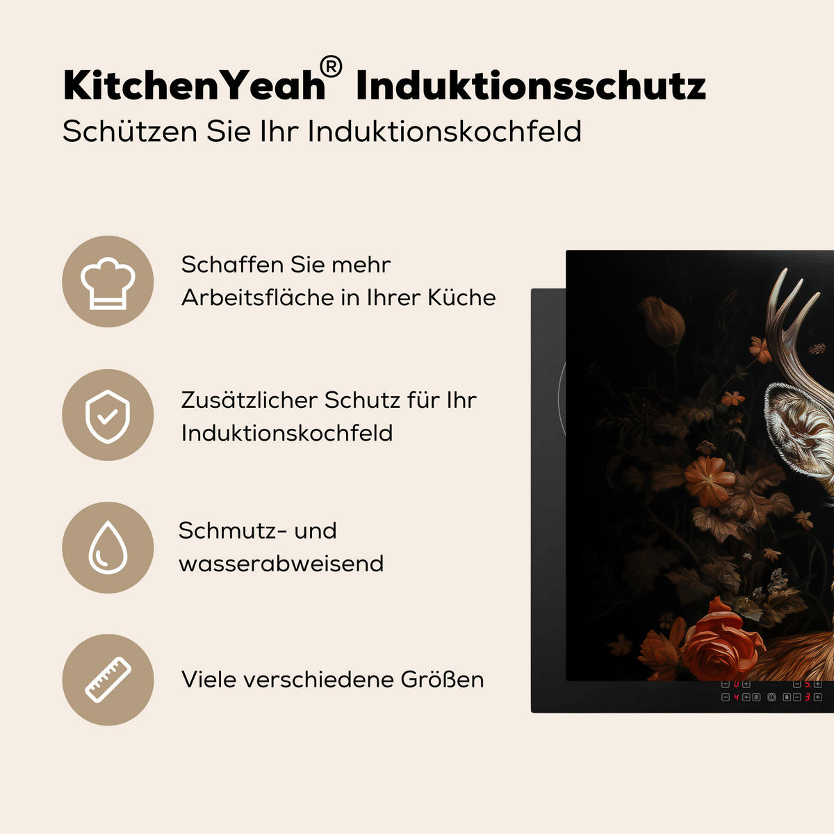 HERDABDECKPLATTE Hirsch - Tier - Blumen - Natur - Botanisch 81x52 cm - Kupferfarben, Kunststoff (81.2/0.2/52cm) - MuchoWow