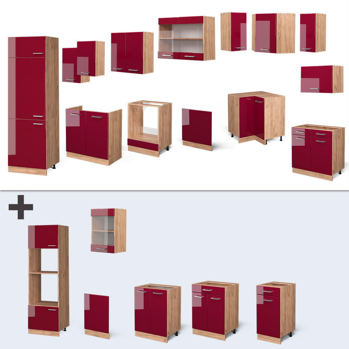 ECKKÜCHE R-Line Rot Hochglanz/Goldkraft Eiche 287 x 60 cm , AP Marmor - Rot/Eiche Wotan, Holzwerkstoff (287/81.6/60cm) - Vicco