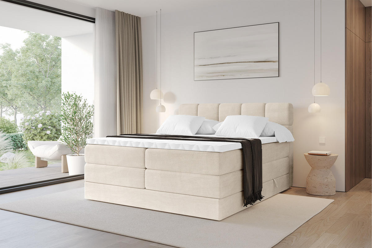 BOXBETT mit Matratze H3/H4 - FAMA KING - 140x200 cm Beige Poso - Ecru, Holzwerkstoff (140/200cm) - ALTDECOR