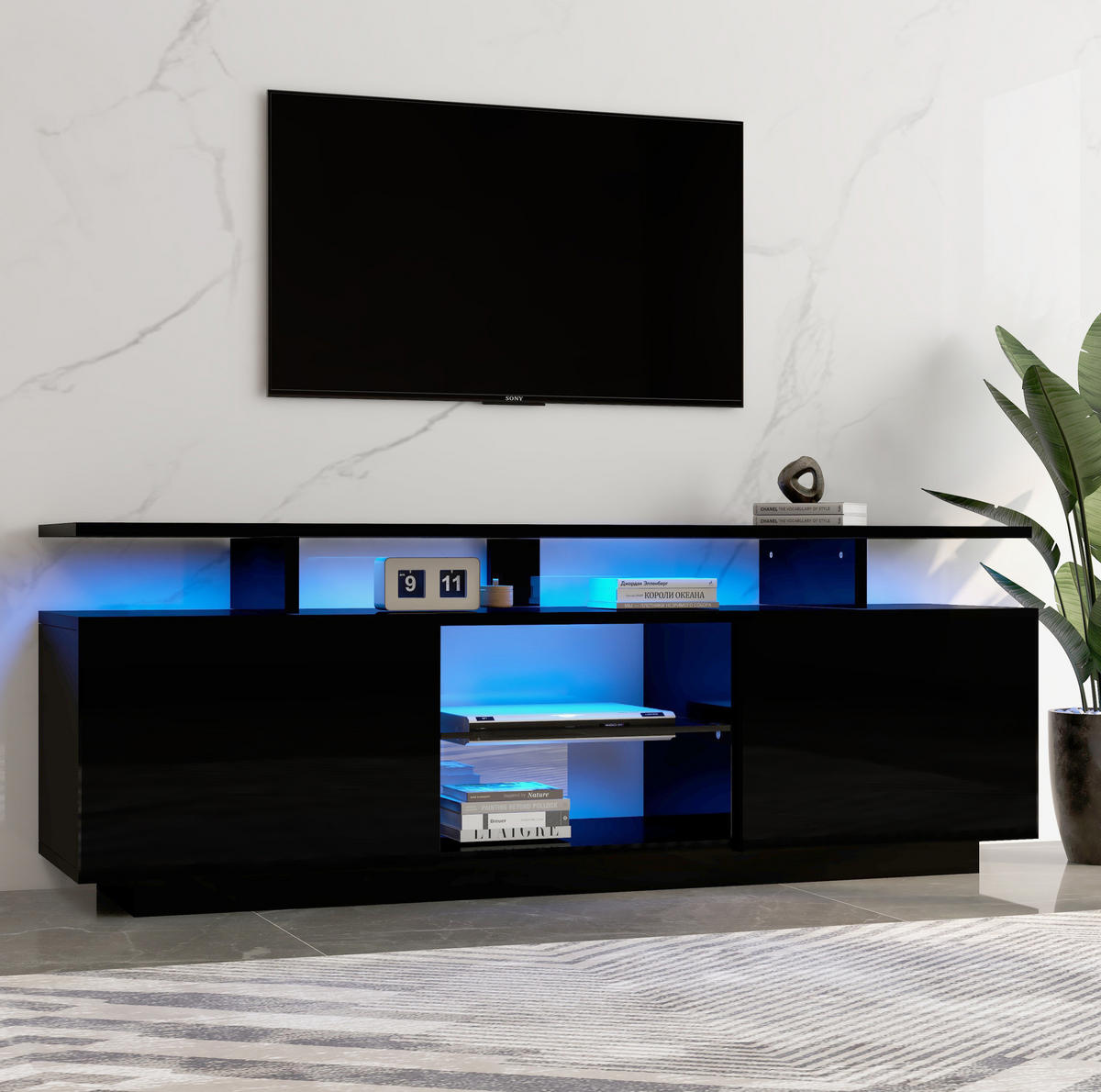 TV-SCHRANK 140/35/55 cm aus Spanplatte mit App-gesteuerter LED-Beleuchtung, 2 Hochglanz-Türen und 5 offenen Fächern, Schwarz - Schwarz, Holzwerkstoff (140/55/35cm) - Redom