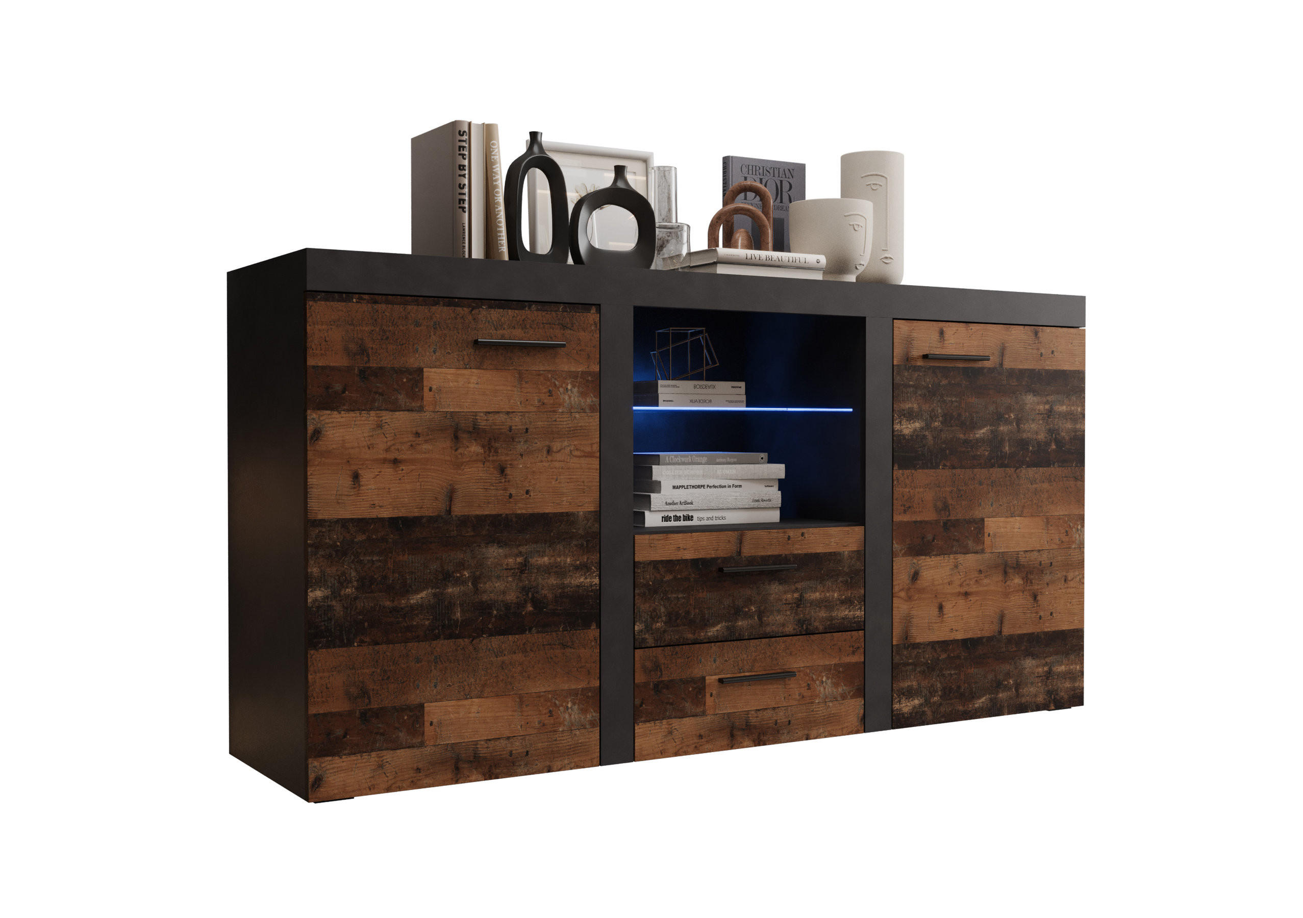KOMMODE London LRK mit 2 Türen, Sideboard in Farbe: Dunkelbraun|Schwarz, Größe: 156 x 82 x 40 cm - Dunkelbraun/Schwarz, Holzwerkstoff (156/82/40cm) - O-Sofa