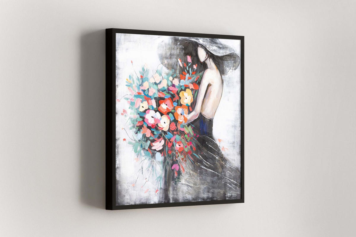 RUČNE MAĽOVANÝ AKRYLOVÝ OBRAZ 80/80 cm, čierny/ružový, prírodný a botanický motív - čierna/pink, drevo/textil (80/80cm) - KUNSTLOFT
