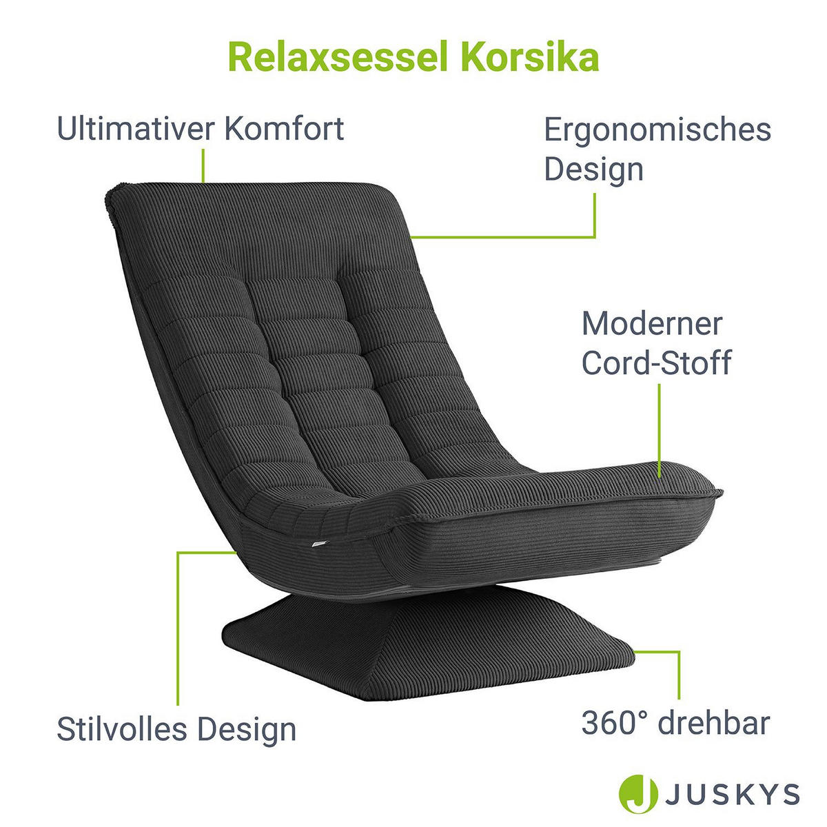 RELAXSESSEL Korsika Cord dunkelgrau - Grau, Textil (58/85/100cm) - Juskys