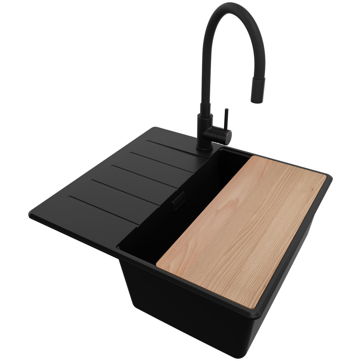 GRANITSPÜLE Kopenhagen, 2-er set Alles Schwarz 55/50 cm 1 Becken + Küchenarmatur 40/38 cm + Ablauf-Set + Schneidebrett ab 40er Unterschrank - Beige/Schwarz, Kunststoff (55/20/50cm) - Primagran