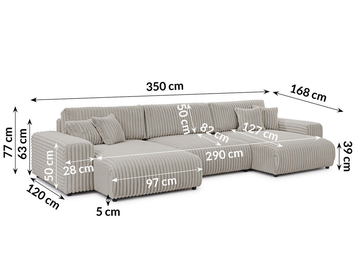 WOHNLANDSCHAFT Mollis Hellgrau Plüschcord mit Schlaffunktion - Hellgrau/Schwarz, Holz/Kunststoff (350/77/168cm) - S-Style Möbel
