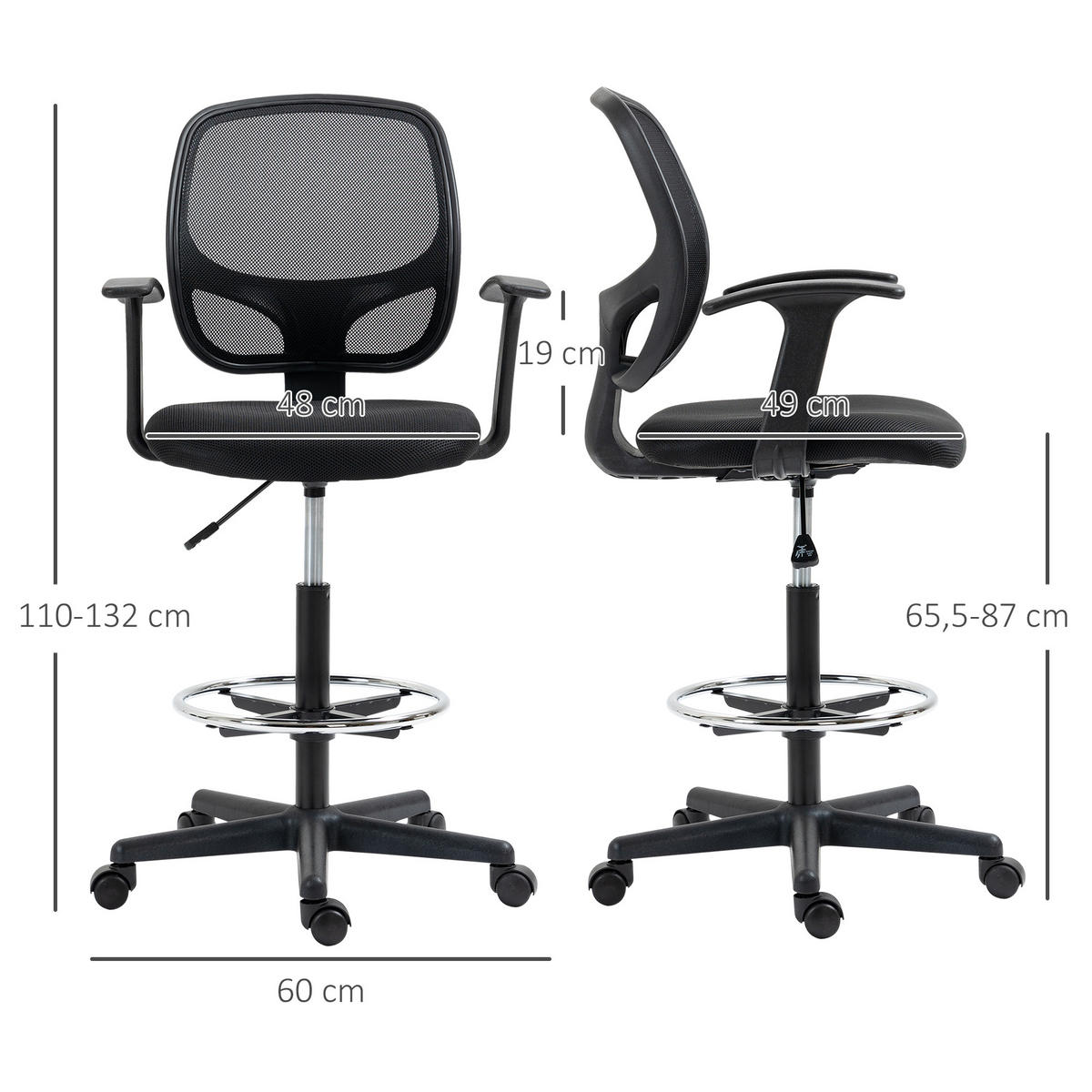 ARBEITSSTUHL Mesh Zeichenstuhl 360° Bürostuhl mit Fußring höhenverstellbar - Schwarz, Kunststoff/Textil (56/132/60cm) - Vinsetto