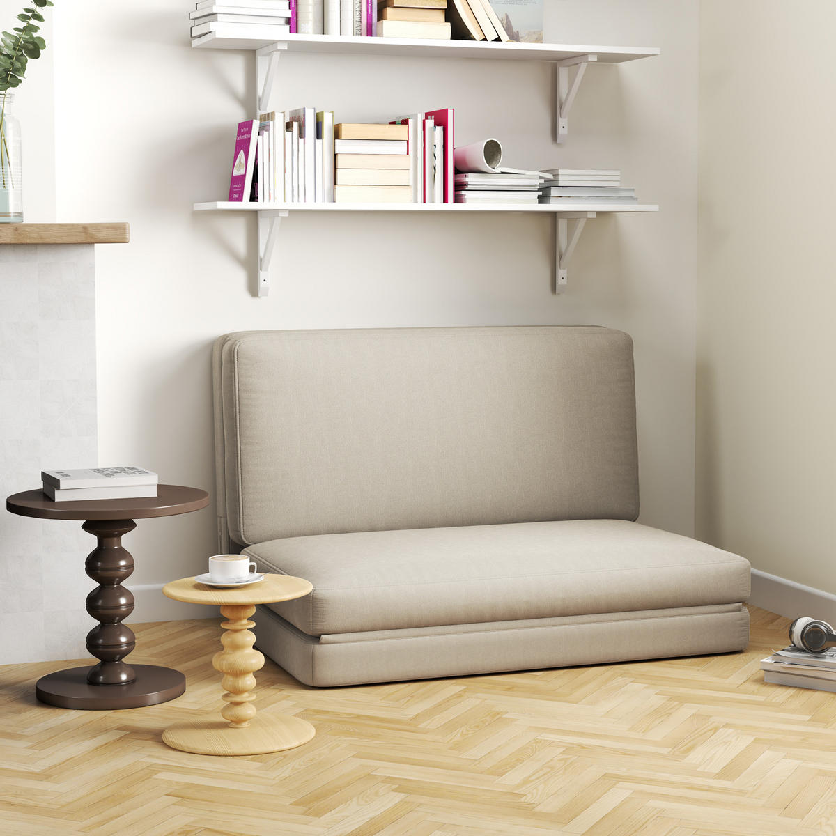 BODENSOFA 3-in-1 Klappbar Schlafsofa mit Samtoptik für Schlafzimmer, Wohnzimmer - Beige, Textil (120/10/275cm) - HOMCOM