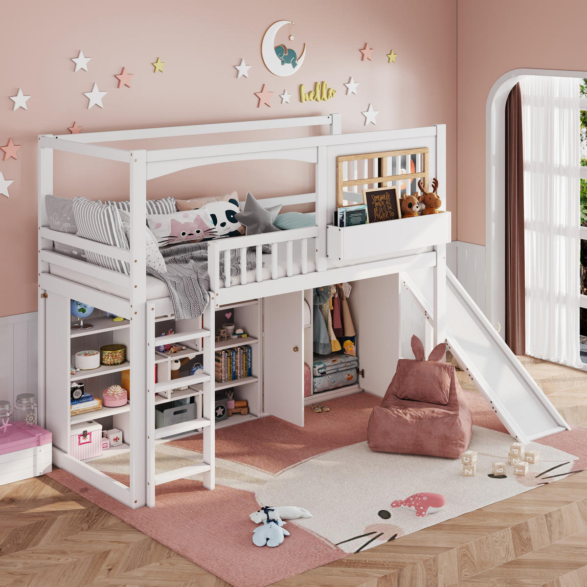 ETAGENBETT 90/200 cm, Weiß mit Rutsche, Kleiderschrank, ohne Matratze - Weiß, Holz (90/200cm) - MIVRAY