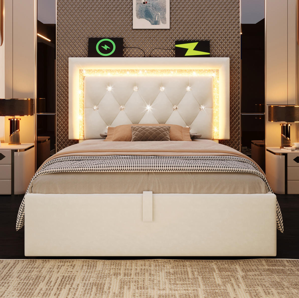 POLSTERBETT aus Samt 90x200 cm in Beige mit LED & Matratze - Beige, Textil (90/200cm) - Modfu