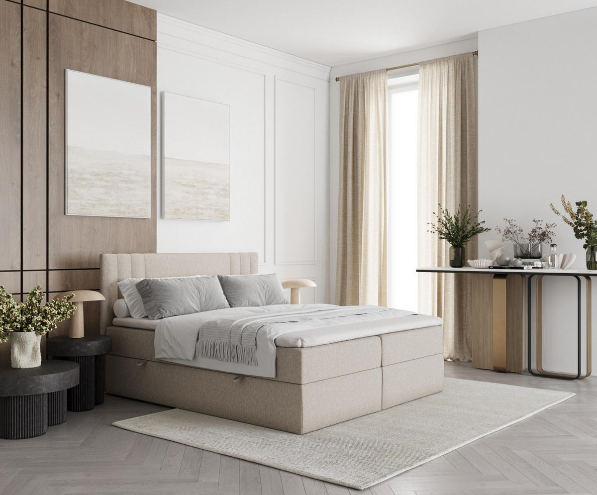 BOXBETT Mallo Beige 160/200 cm mit Matratze und Topper - Beige/Schwarz, Holz/Holzwerkstoff (160/200cm) - Maison de Reve