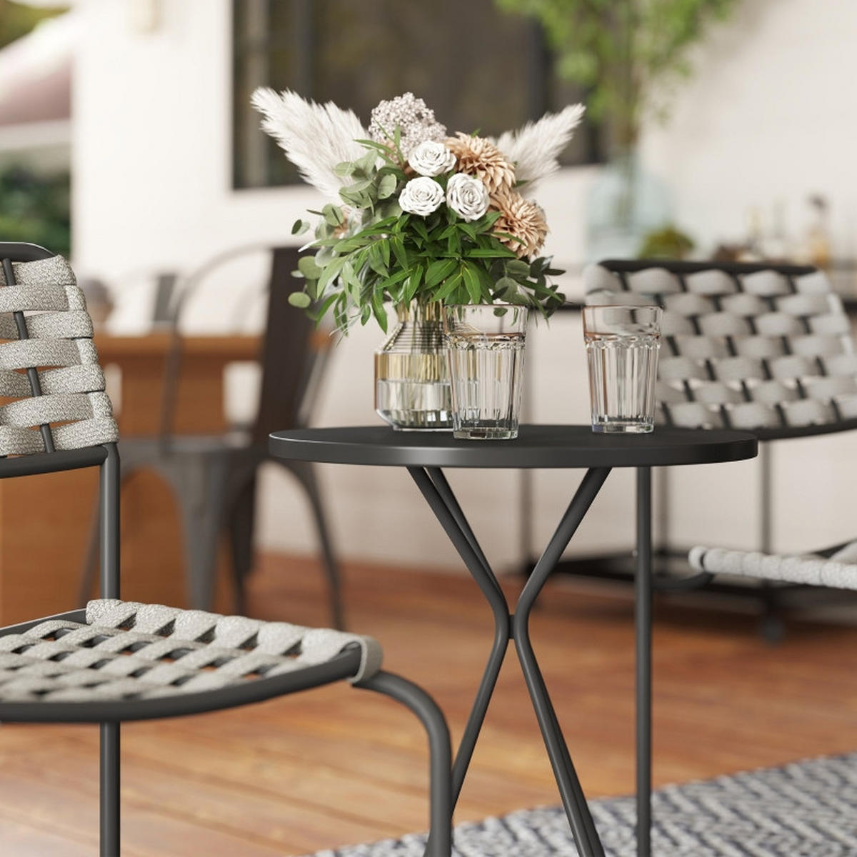 BALKONSET 3-teilig,48×48×60cm,Stapelbare Stühle mit Rattan Tisch - Grau, Metall - Modfu