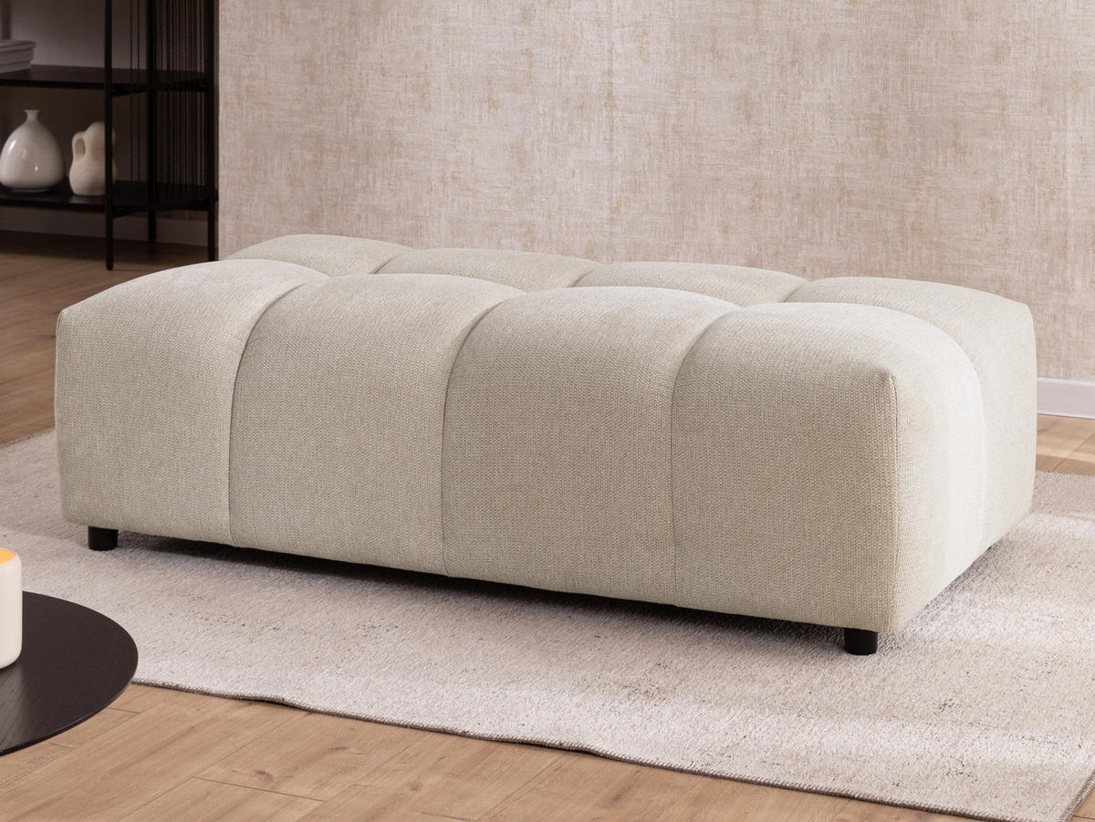ECKSOFA inkl. Hocker Bubble mit Schlaffunktion und losen Rückenkissen, Sitzfläche in Bubble-Optik aus weichem Hellbeige Strukturstoff - Ottomane Links - Beige/Schwarz, Holz/Kunststoff (180/306cm) - S-Style Möbel