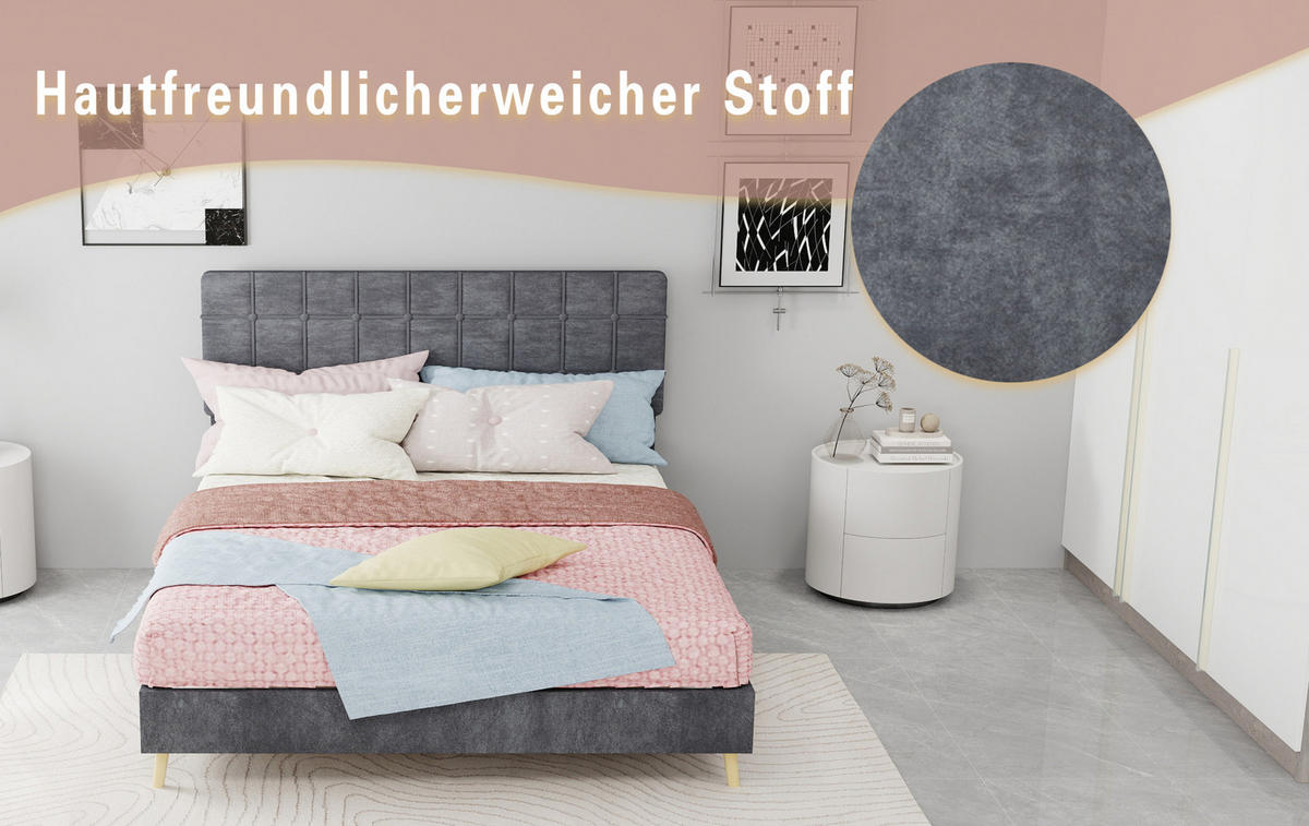 POLSTERBETT 140/200 cm mit karierter Polsterkopfteil und Holzfüßen, Grau - Grau, Textil (140/200cm) - Redom
