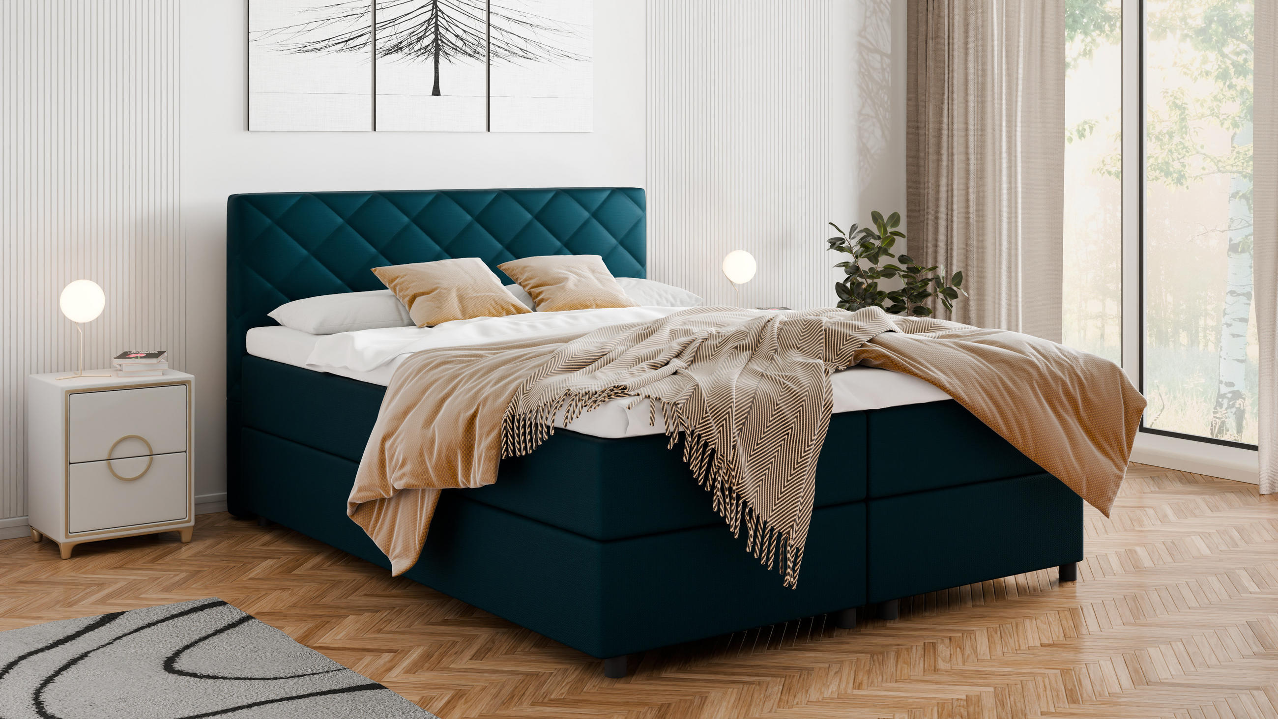 BOXBETT Diamaro 160x200 cm mit Bettkasten und Topper - Dunkeltürkis - Türkis, Holz (160/200cm) - Panda Möbel