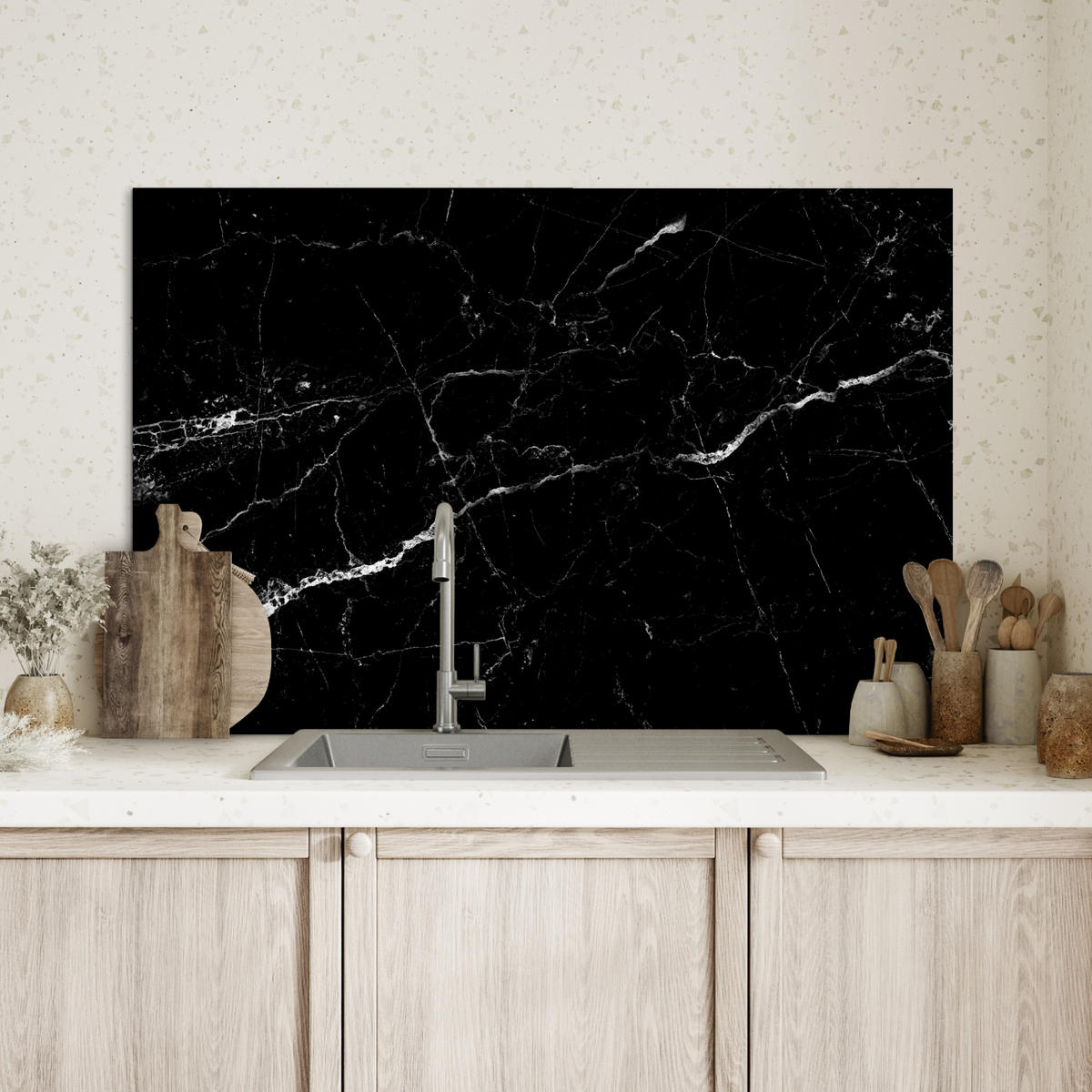 SPRITZSCHUTZ KÜCHE Marmoroptik - Schwarz - Luxus 90x60 cm - Grau, Metall (90/0.3/60cm) - MuchoWow