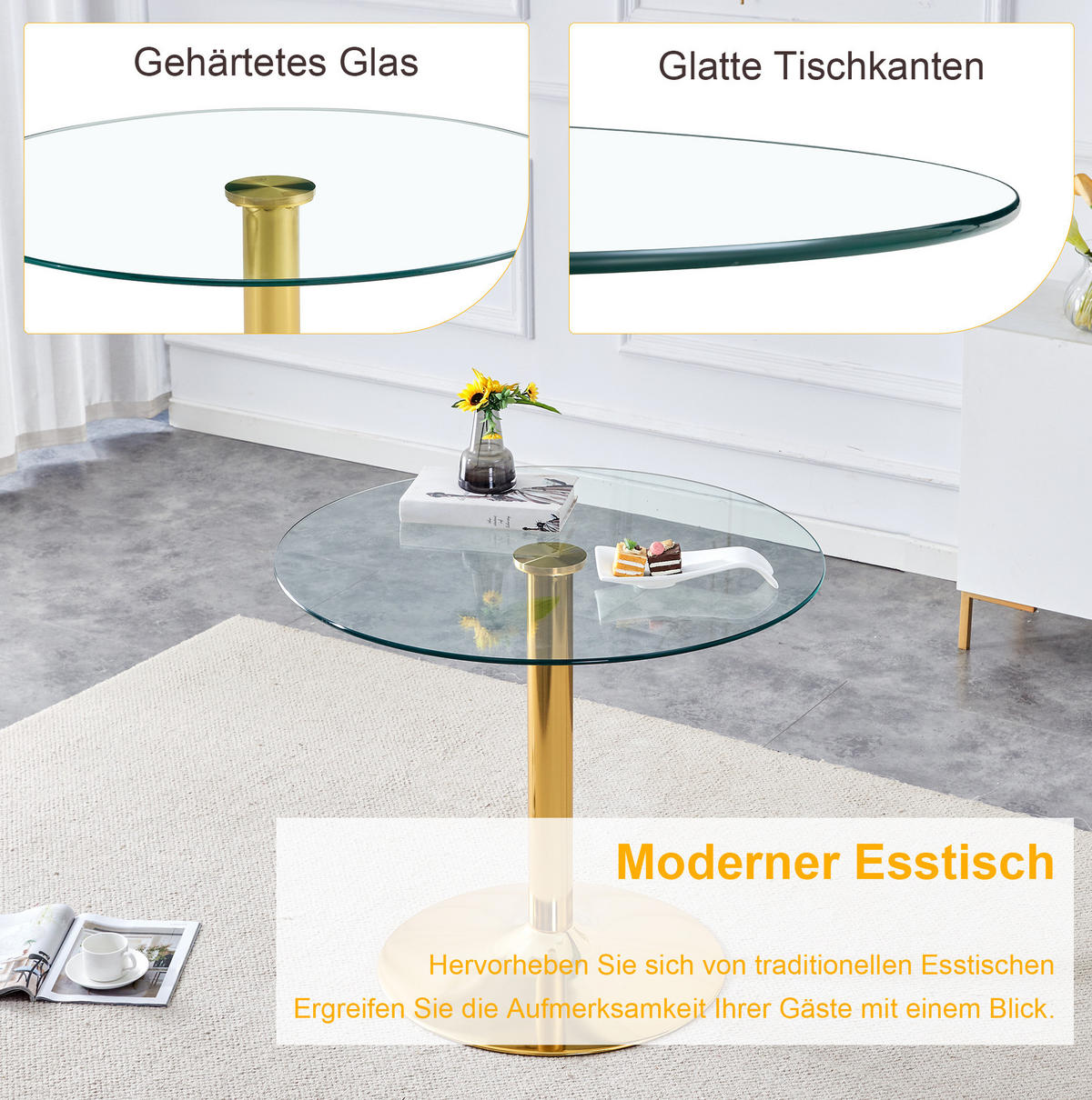 BARTISCH 85/85/76 cm mit Glasplatte und Metallgestell in Gold - Goldfarben, Holzwerkstoff (85/85/76cm) - BEAOK