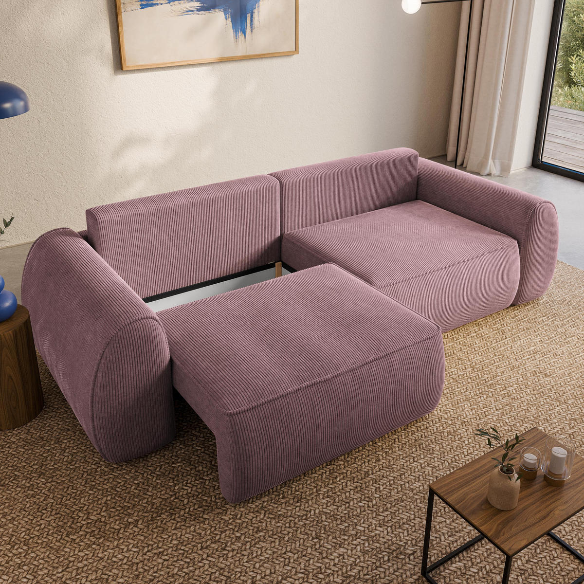 BETTSOFA ZEFEO Lila Kordstoff mit Schlaffunktion - Lila, Textil (264/96/106cm) - MASSENO