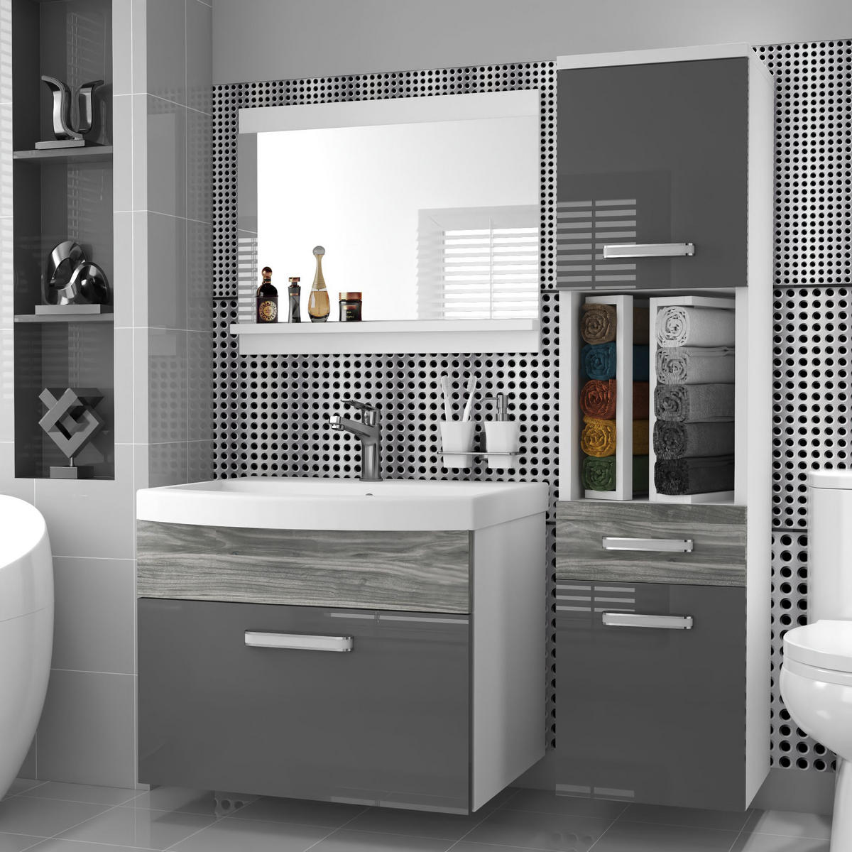 BADMÖBEL Badezimmer SET PRI PM3, Grau Glamour Hochglanz, 90 cm - Grau, Holz (38.7/113.5/90cm) - B BELINI GROUP