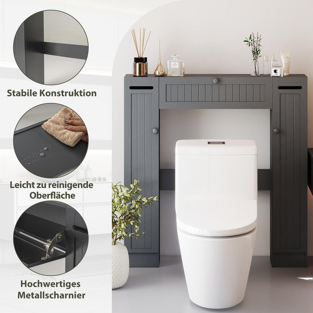TOILETTENSCHRANK mit Toilettenpapierhalter grau - Grau, Holzwerkstoff (89/99/19.5cm) - COSTWAY