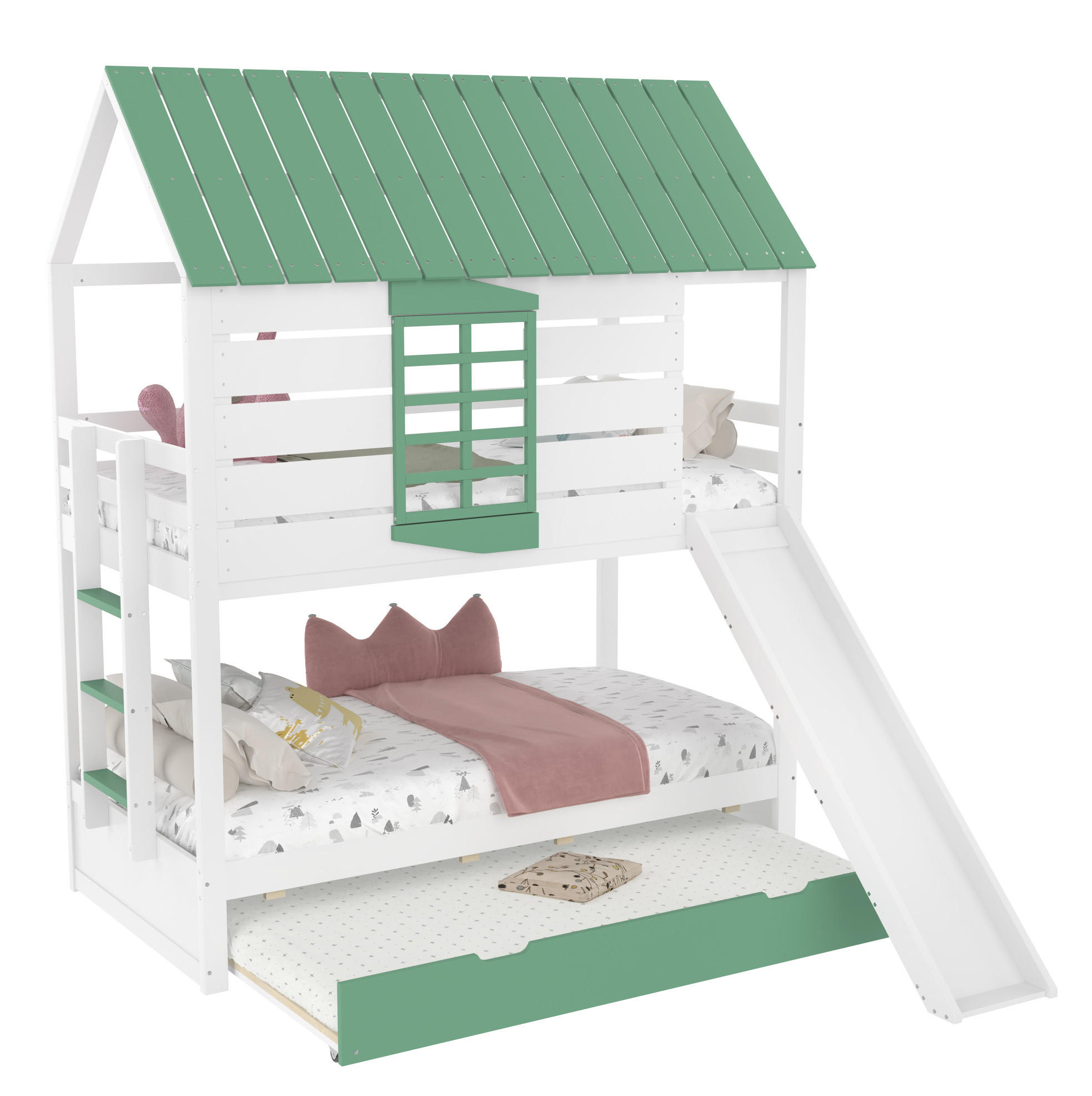 HAUSBETT 90/200 cm mit Rutsche und Ausziehbett in Weiß/Grün - Weiß, Holzwerkstoff (90/200cm) - BEAOK