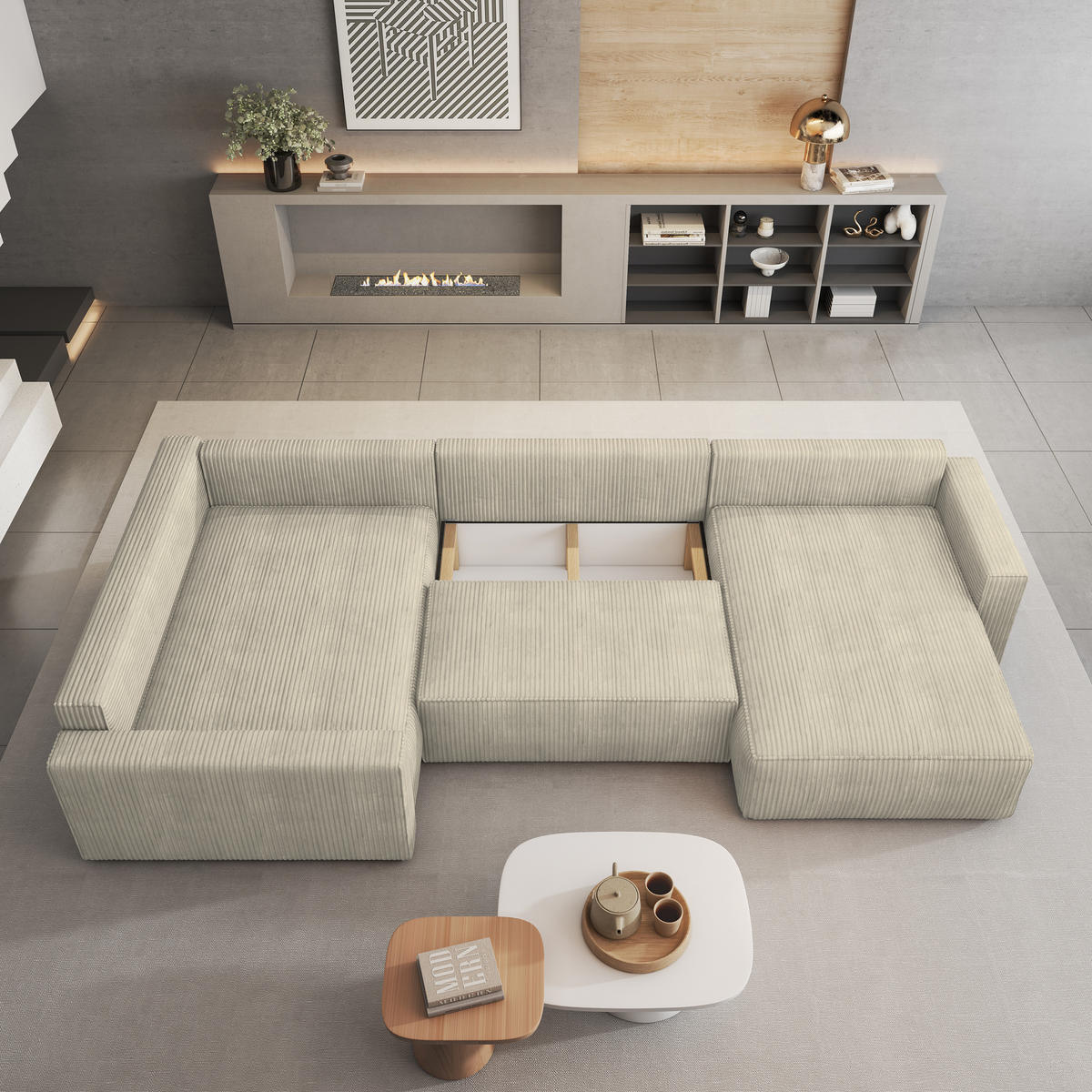 WOHNLANDSCHAFT VELAMI L-S Creme Kordstoff mit Schlaffunktion - Creme, Holz (365/83/194cm) - MASSENO