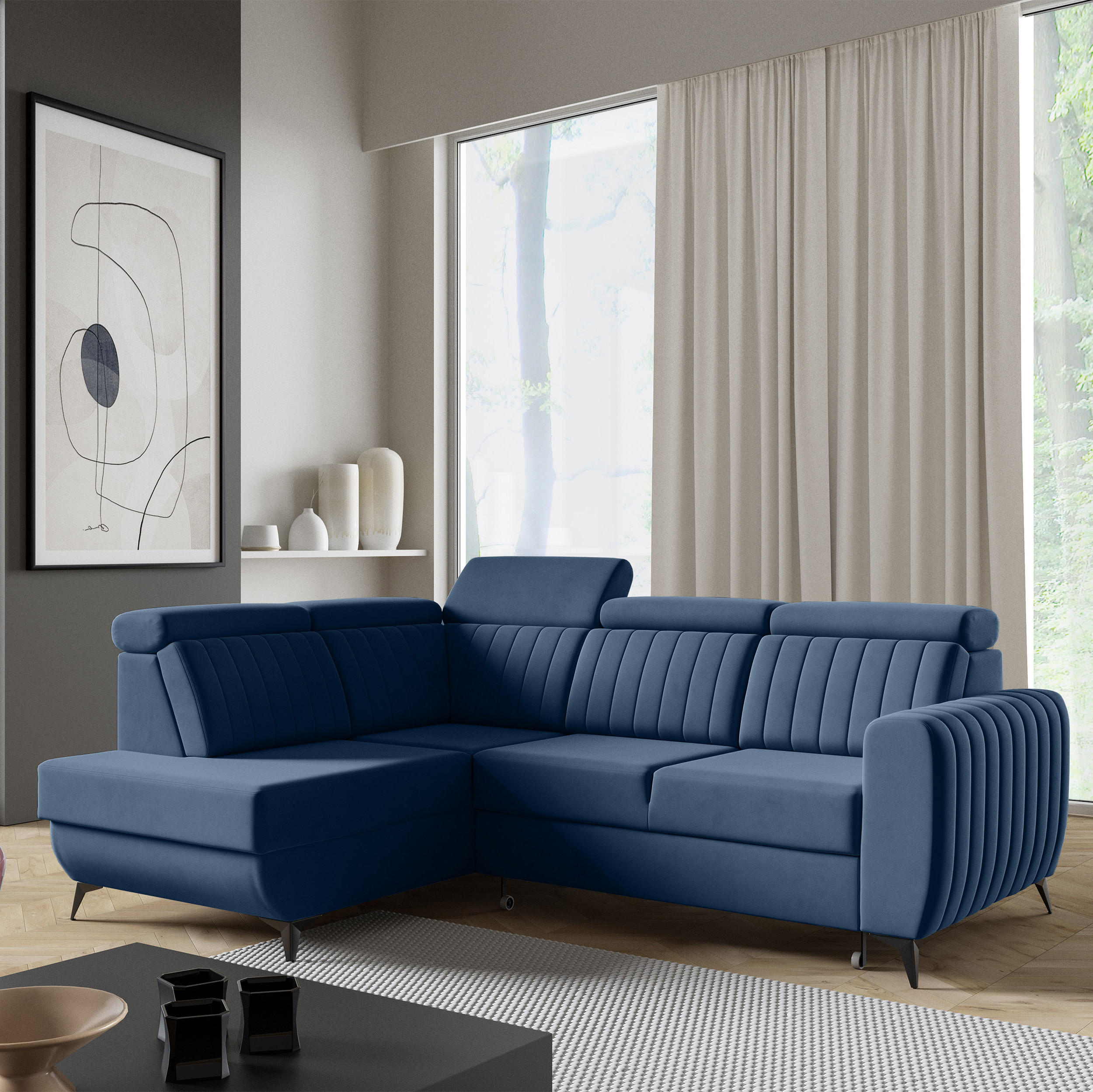 ECKSCHLAFSOFA Connor II verstellbare Kopfstützen, Dunkelblau, links - Schwarz/Dunkelblau, Textil (268/204cm) - Beautysofa