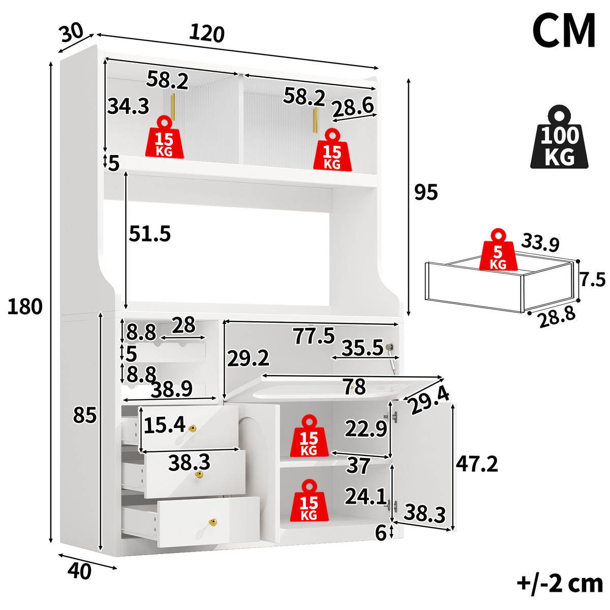 BUFFET DE-38487 120/40/180 cm mit LED-Beleuchtung und Weinregal Weiß - Weiß, Holzwerkstoff (120/180/40cm) - ComfortXL