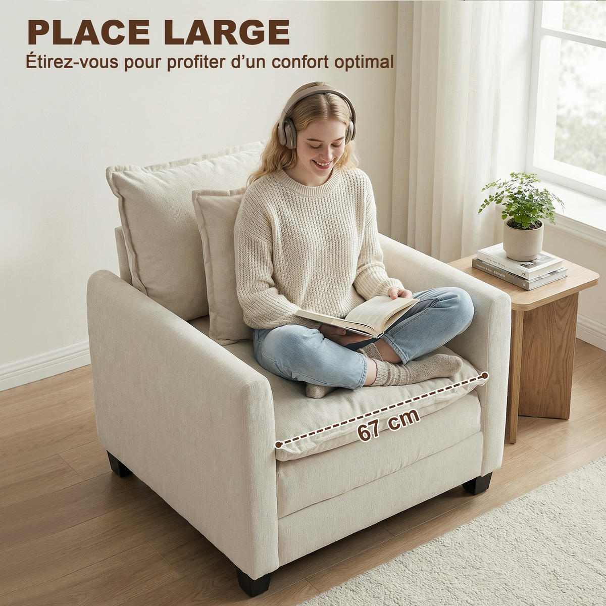 SESSEL DE-13505 mit Fußhocker, breite Sitzfläche, Chenille Creme - Creme, Textil (85/86/128cm) - ComfortXL