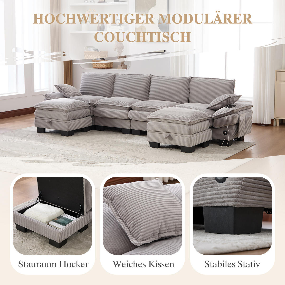 WOHNLANDSCHAFT Cord Hellgrau mit 2 Hocker, USB-C und Seitentaschen - Hellgrau, Holzwerkstoff/Kunststoff (330/84/132cm) - WISHDOR