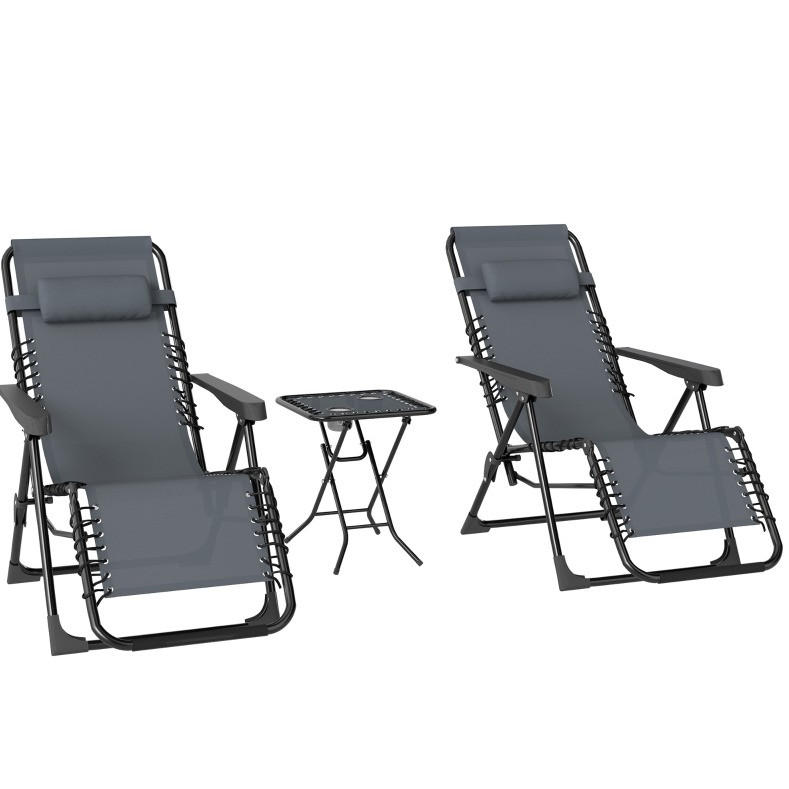 SONNENLIEGEN-SET aus Metall 90x65x110 cm Grau klappbar mit Beistelltisch, Getränkehaltern und Kopfstützen - Grau, Metall (65/110/90cm) - Modfu