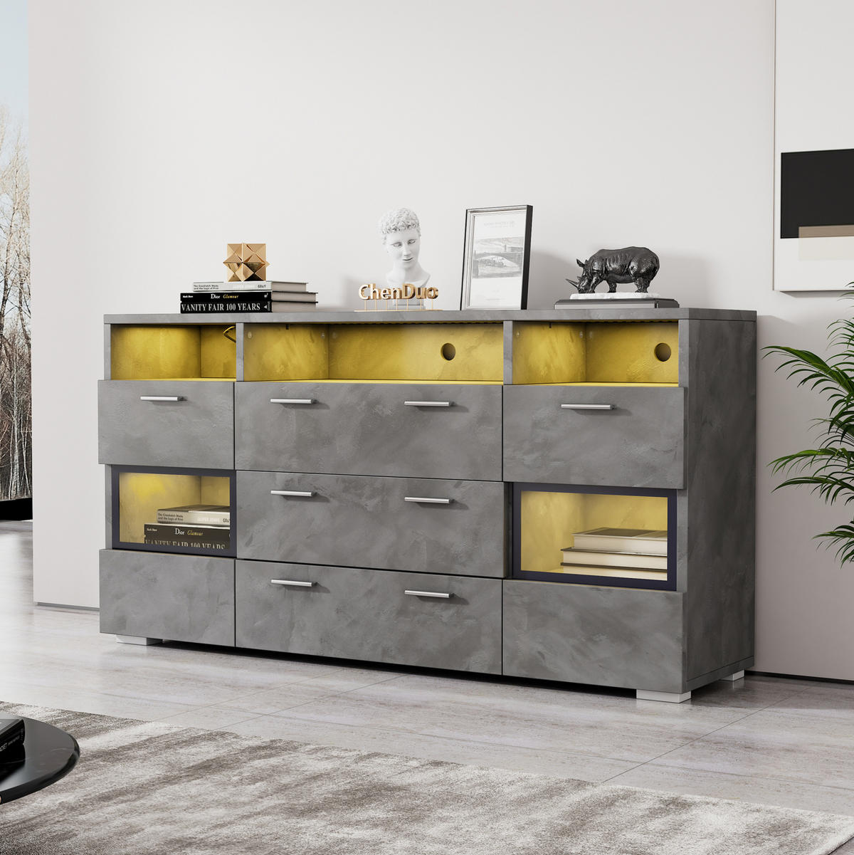 SIDEBOARD aus Spanplatte 140x33,5x72,5 cm Grau mit LED-Beleuchtung, Acryltüren und Stauraum - Grau, Holzwerkstoff (140/72.5/33.5cm) - IVMEU
