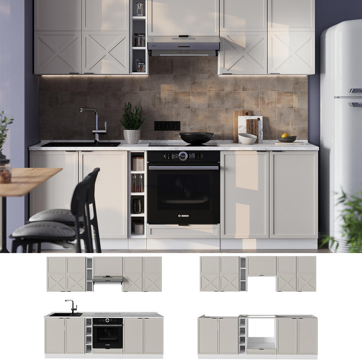 KÜCHENZEILE Fame-Line GrauBeige/Weiß 235 cm ohne AP - Weiß/Grau, Holzwerkstoff (235/81.6/46cm) - Vicco