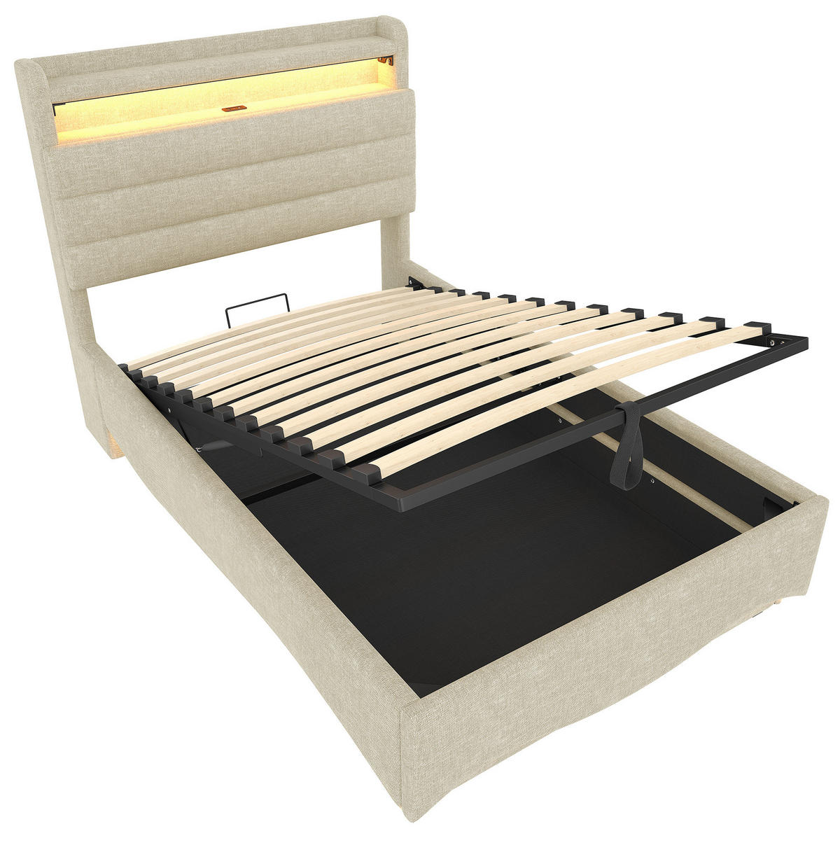 POLSTERBETT 90/200 cm beige aus Leinen mit LED und Stauraum - Beige, Textil (90/200cm) - OKWISH