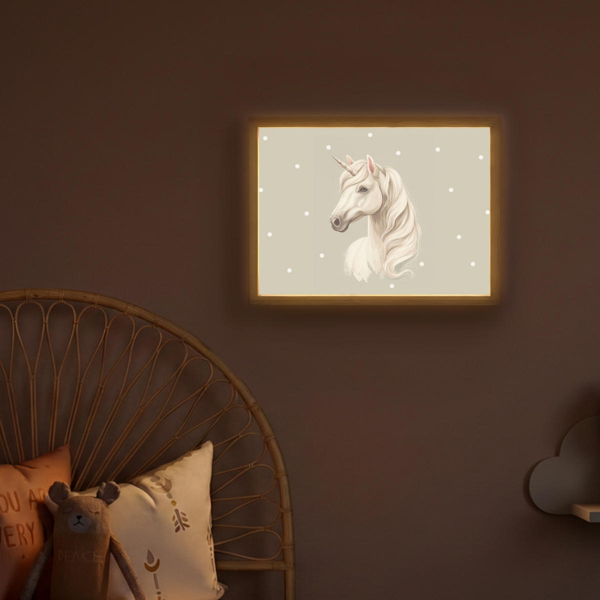 NÁSTĚNNÁ LAMPA S AKUMULÁTOREM Jednorožec - bílý - tečky 40x30 cm - šedohnědá, kompozitní dřevo (40/30/8cm) - OnlyWow