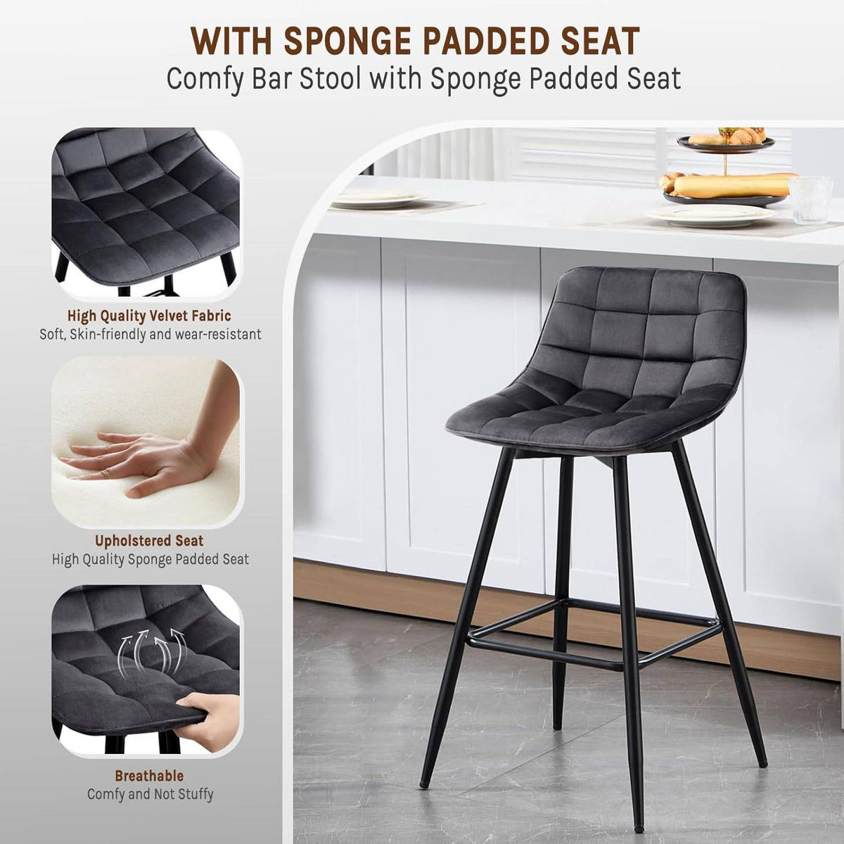 BARHOCKER 4er Set, Fußstütze, Samt, Dunkelgrau - Dunkelgrau/Schwarz, Textil/Metall (43/88/35.5cm) - Woltu