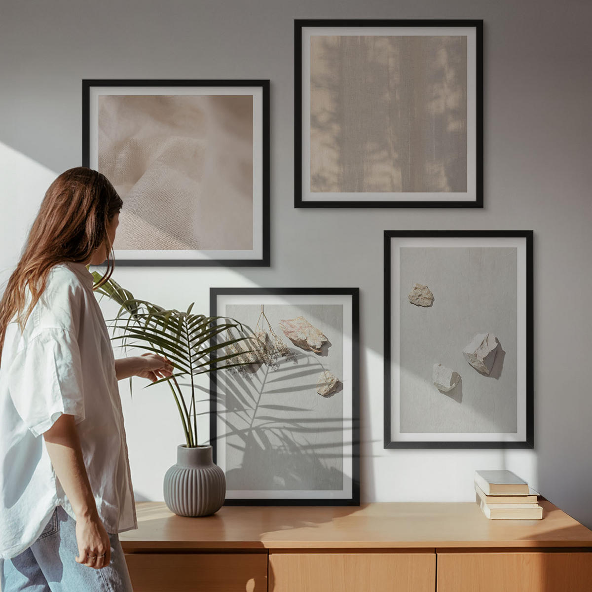 BILDER SET 4er Set - 50x50 cm & 40x60 cm Schwarzer Rahmen - Boho-Stranddekorationen aus Steinen - Schwarz, Kunststoff (50/50cm) - TULUP