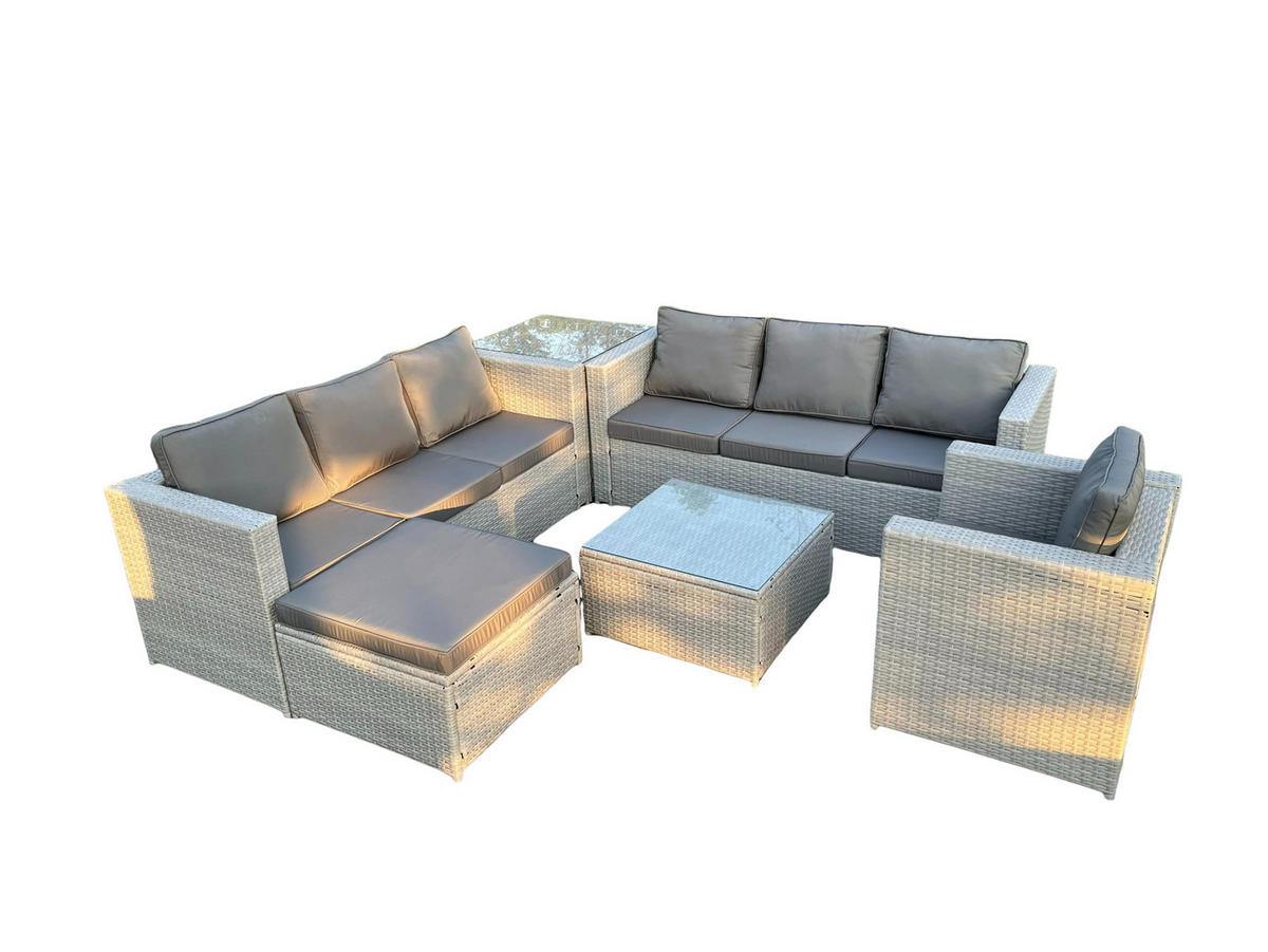 GARTENMÖBEL SET mit Couchtisch Polyrattan Helles Grau 8-Sitzer - Hellgrau, Metall - Fimous