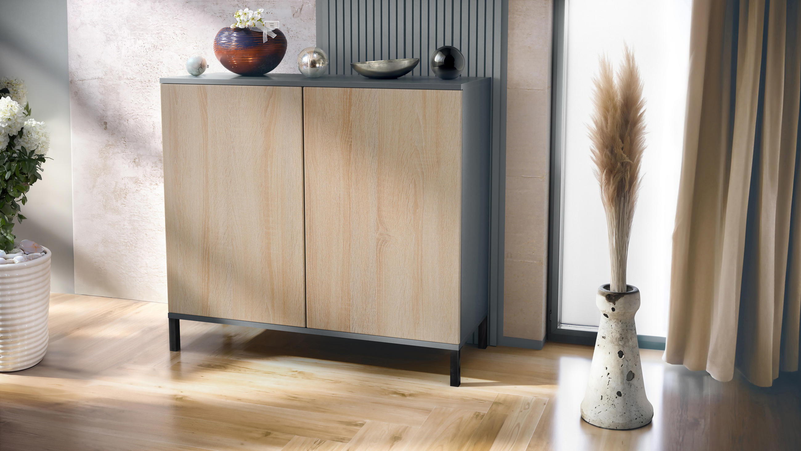 KOMMODE Skadu Eiche sägerau - Eiche San Remo, Holzwerkstoff (92.5/83.5/35cm) - Vladon