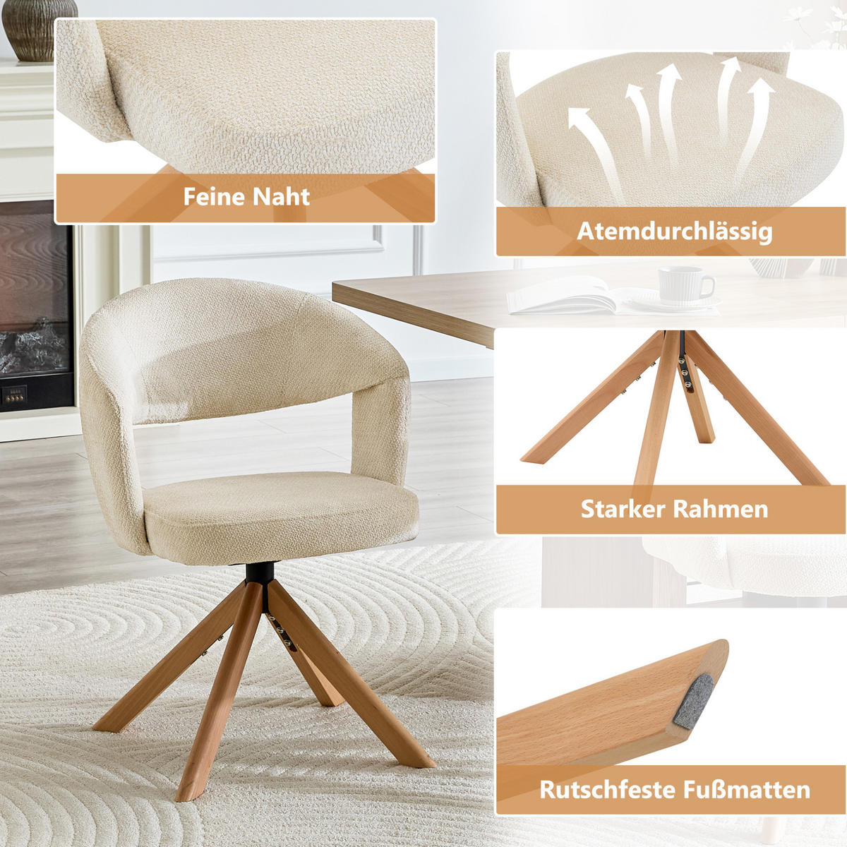 DREHSTUHL 2er-Set 81,5 cm Strukturstoff Weiß Massivholz - Weiß, Holz (47.5/81.5/47cm) - Meubliv