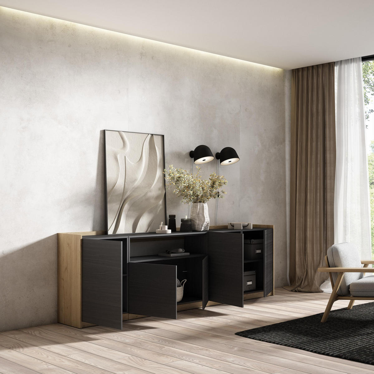 SIDEBOARD, Highboard, Schwarz Eiche, 260/37/80cm - Schwarz, Holzwerkstoff (260/80/37cm) - Skraut Home