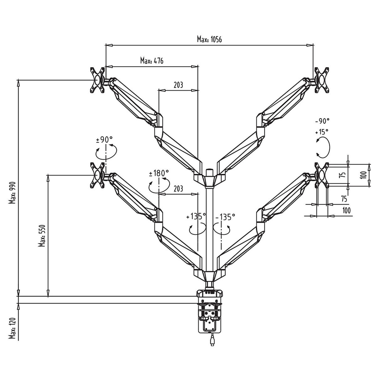 MONITORHALTERUNG, mit Kabelführung,schwarz - Schwarz, Metall (120/14/125cm) - tectake