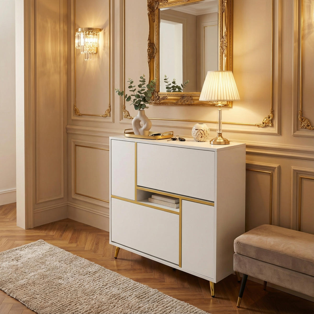 SCHUHKIPPER in Weiß Hochglanz mit LED-Beleuchtung - Weiß, Holzwerkstoff (80/96/25cm) - Urban Meuble